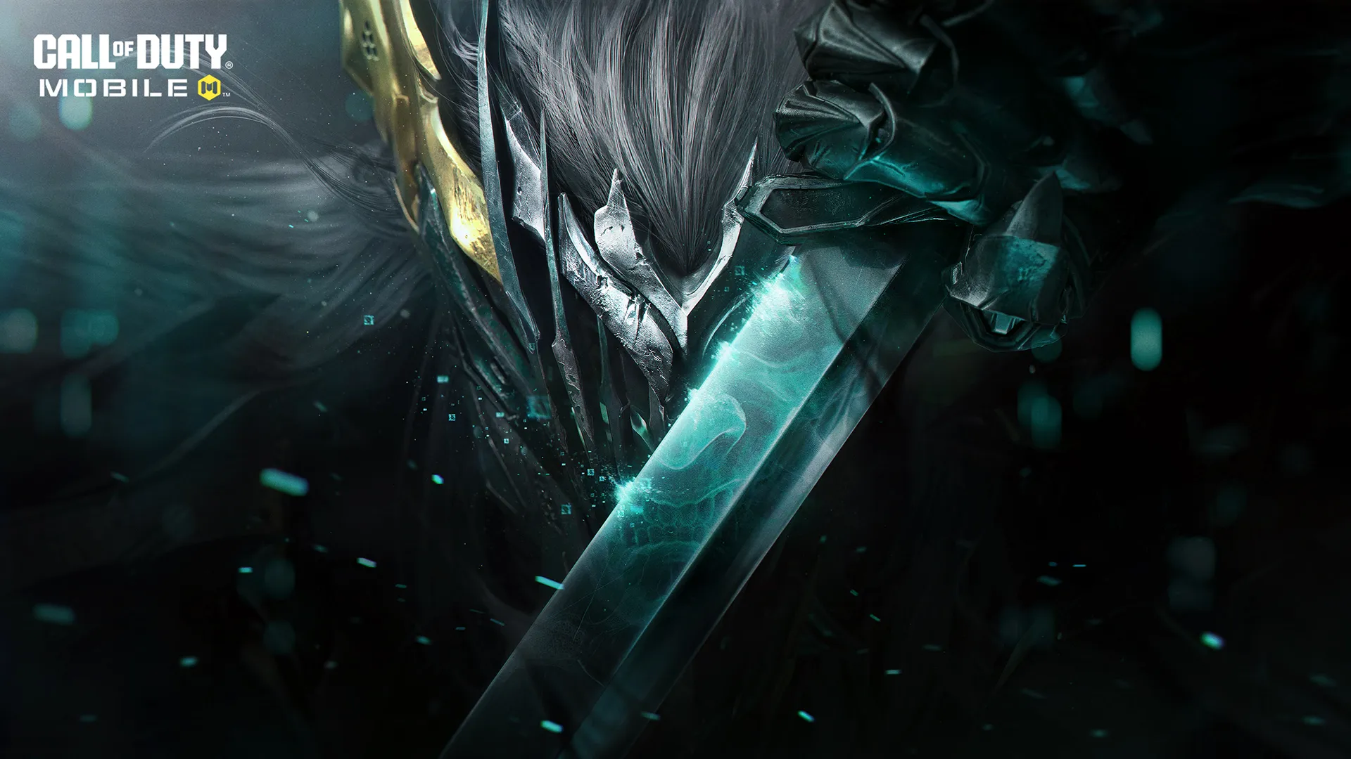 Close-up of a masked warrior holding a glowing sword with teal energy effects.