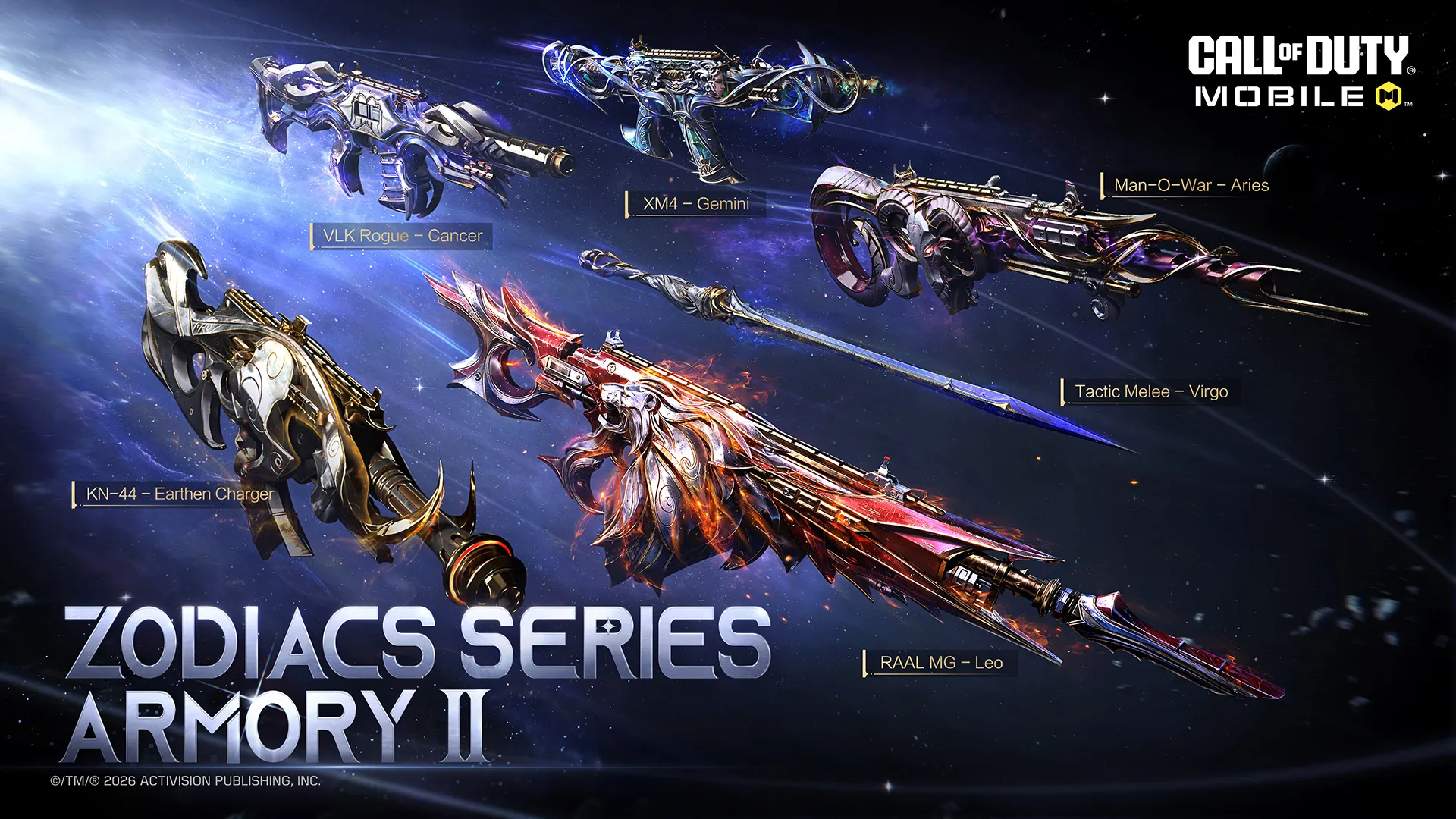 Promotional image showing five ornate zodiac-themed weapons floating in space with labeled names.