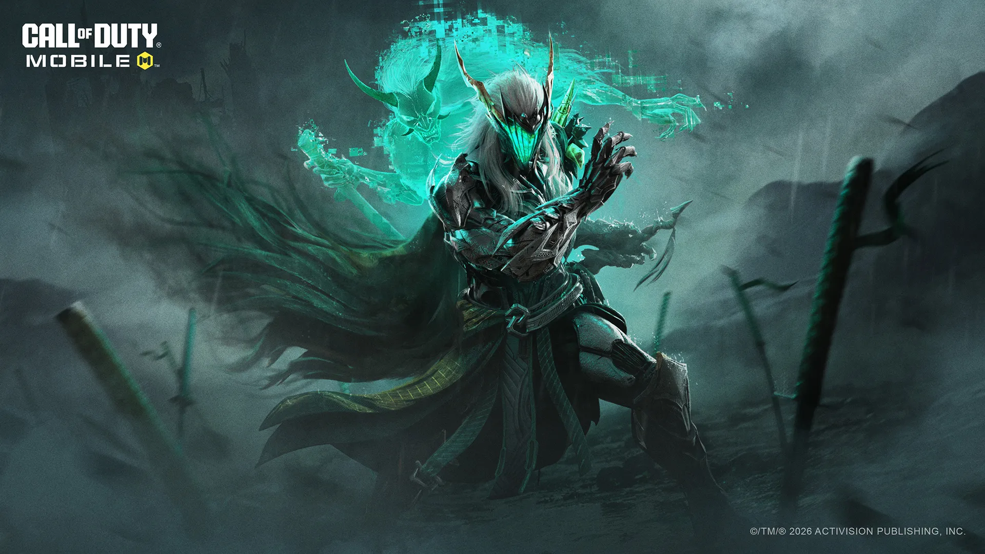 Ghostly armored warrior with glowing green eyes stands in fog with a spectral figure behind.