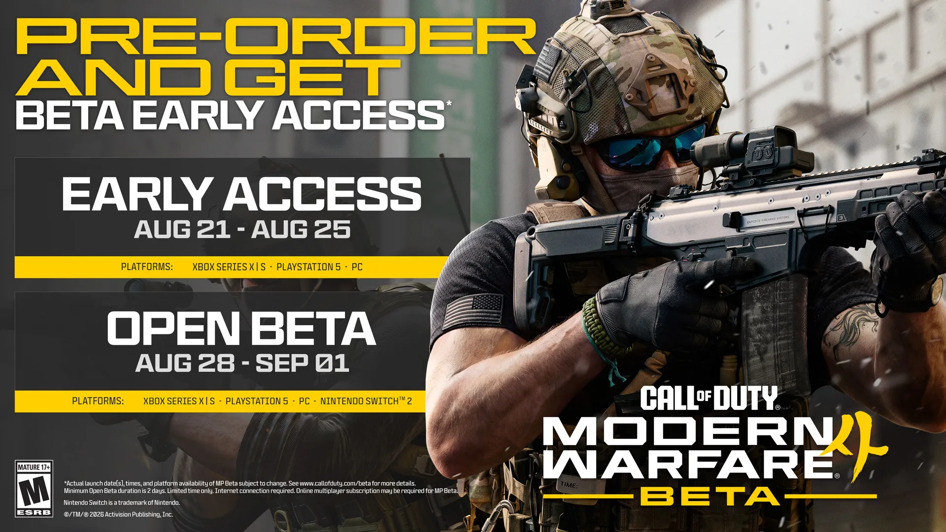 Modern Warfare 4 Beta graphic lists early access Aug. 21–25 and open beta Aug. 28–Sept. 1.