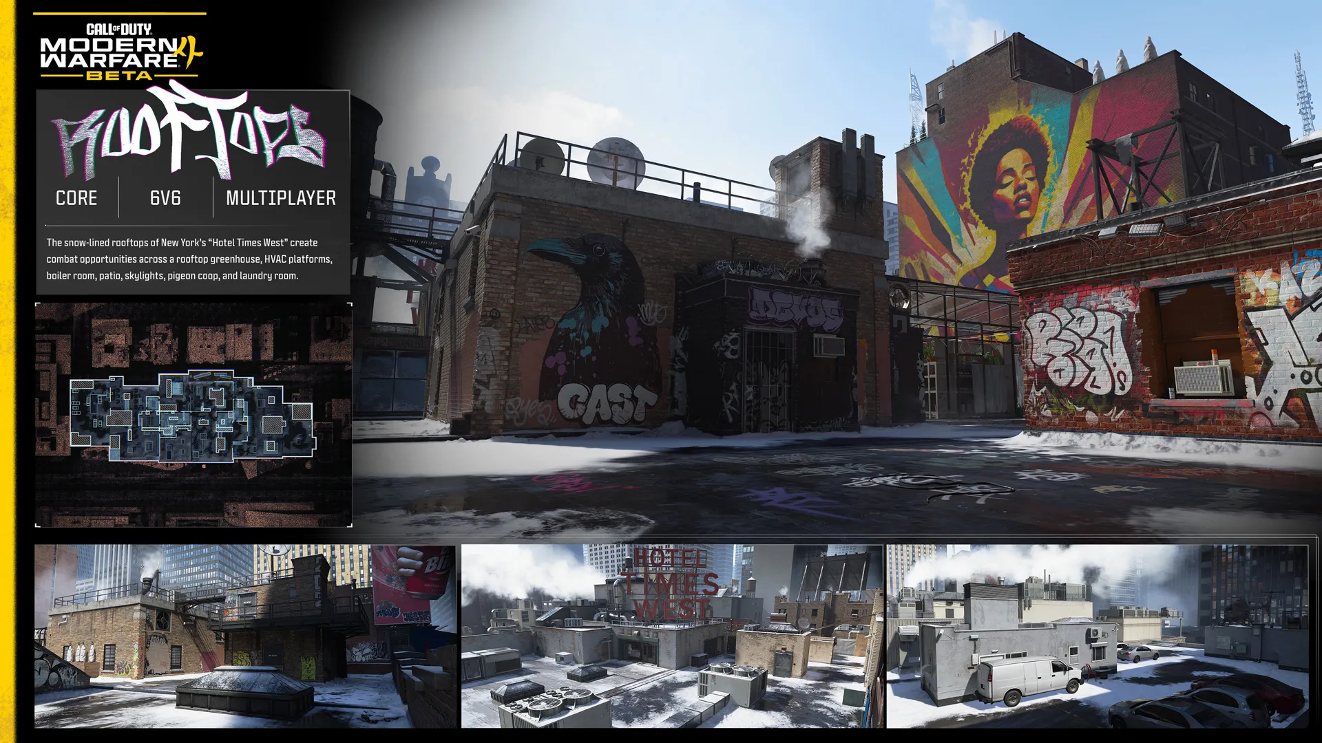 “Hotel” 6v6 multiplayer map overview highlights snowy New York rooftops and a map layout.