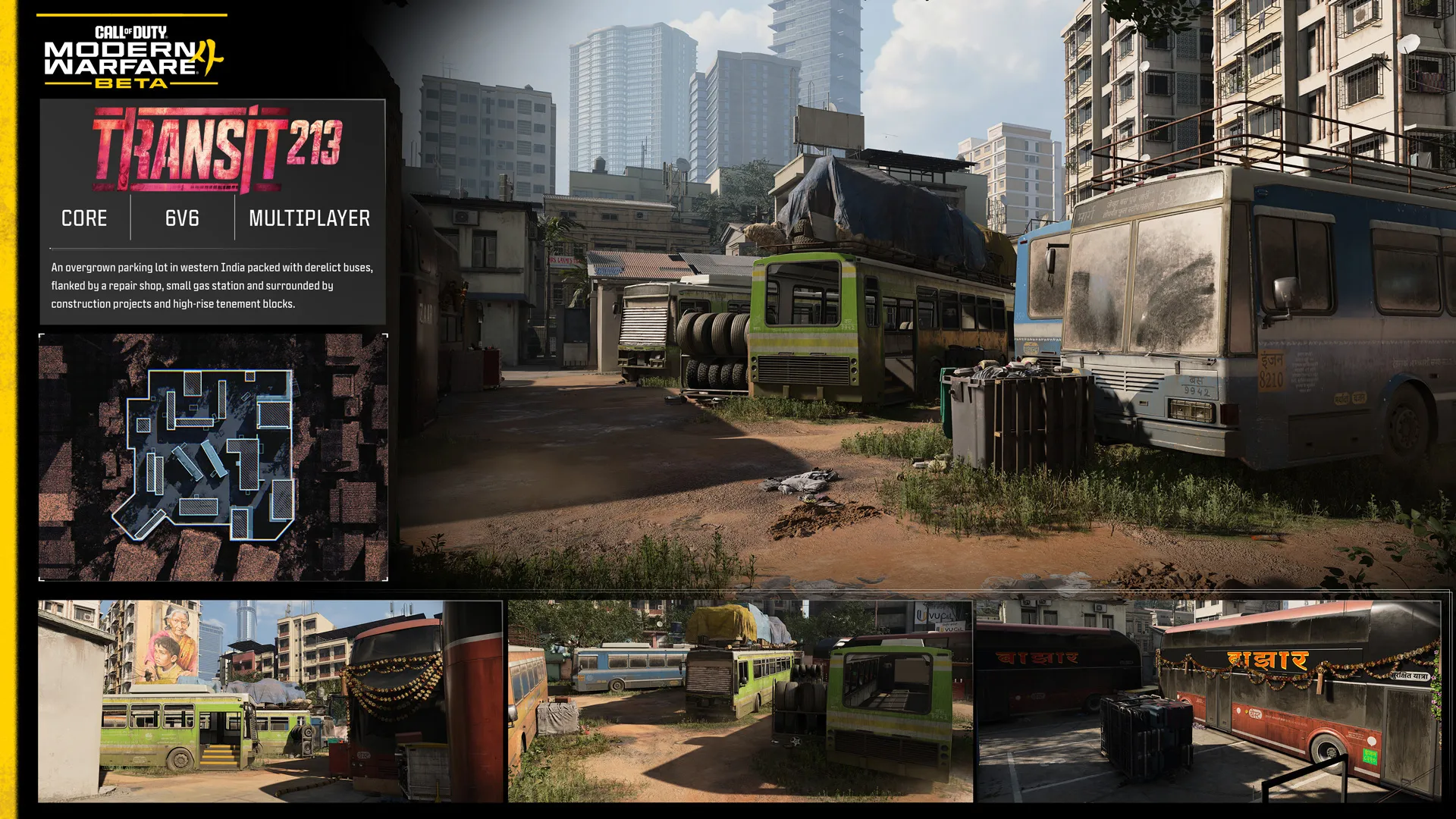 “Transit 218” 6v6 multiplayer map overview highlights a bus-filled parking lot in western India.