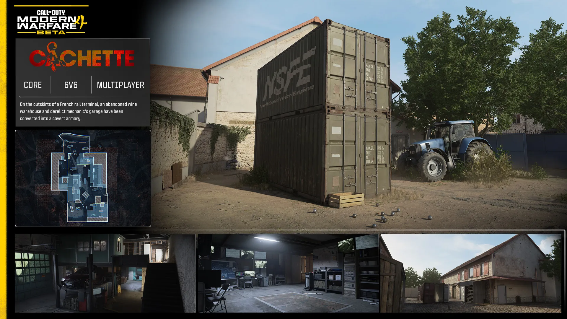 “Cachette” 6v6 multiplayer map overview shows a French warehouse area with containers, a tractor, and garages.