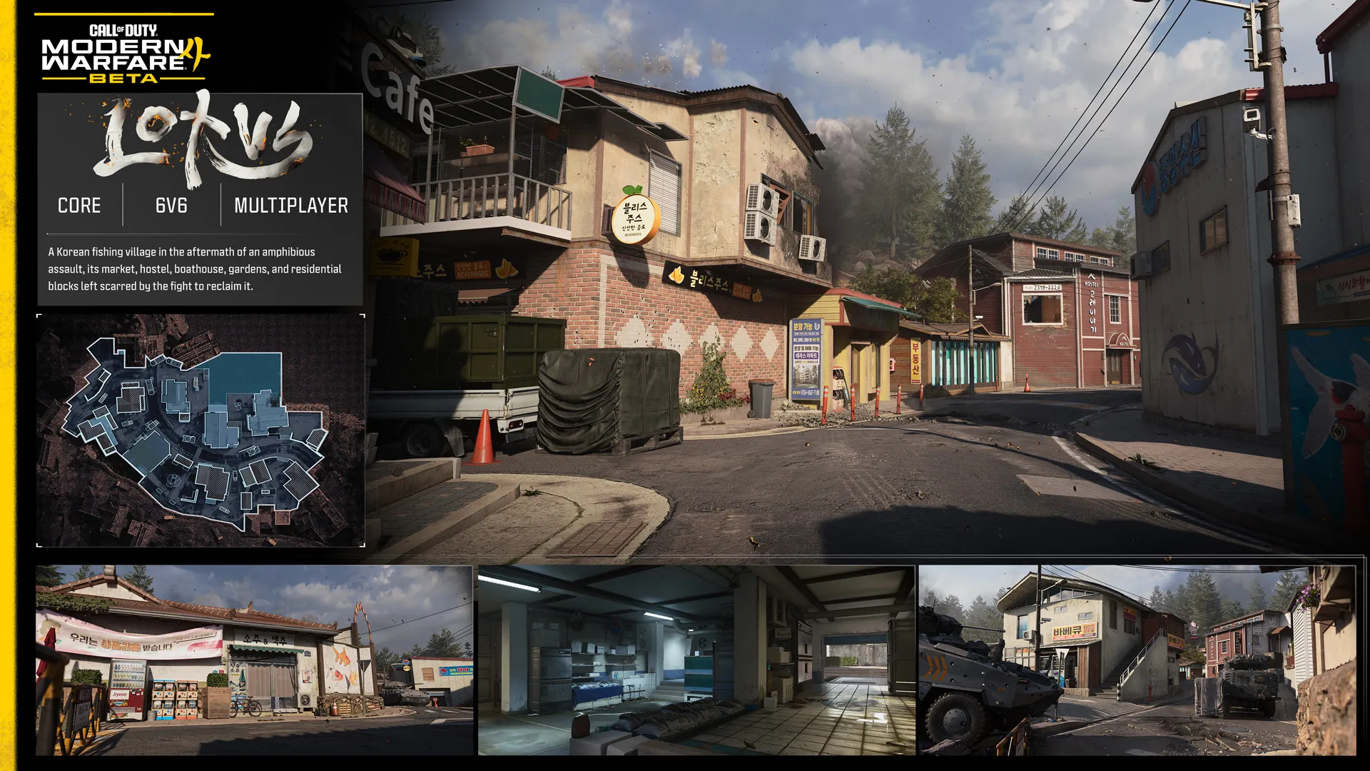 A 6v6 multiplayer map overview shows a Korean fishing village with shops, interiors, streets, and armored vehicles.