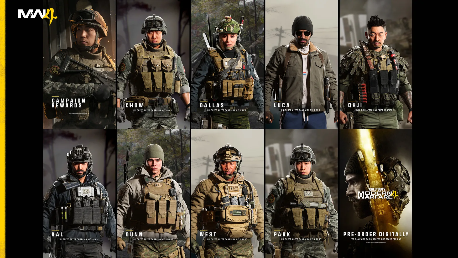 Modern Warfare 4 Campaign Rewards showcase featuring operators Chow, Dallas, Luca, Ohi, Kal, Dunn, West, and Park.