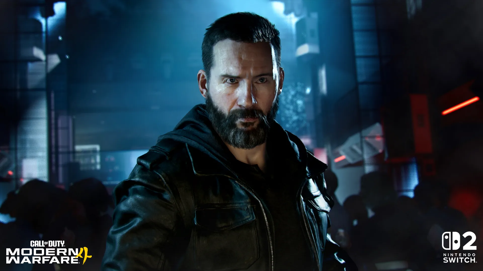 A bearded man (Price) in a black leather jacket stares forward in a blue-lit room.