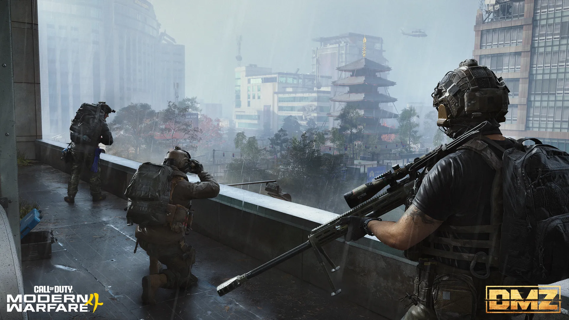 Three soldiers scout a rainy city skyline from a rooftop overlooking an urban district.