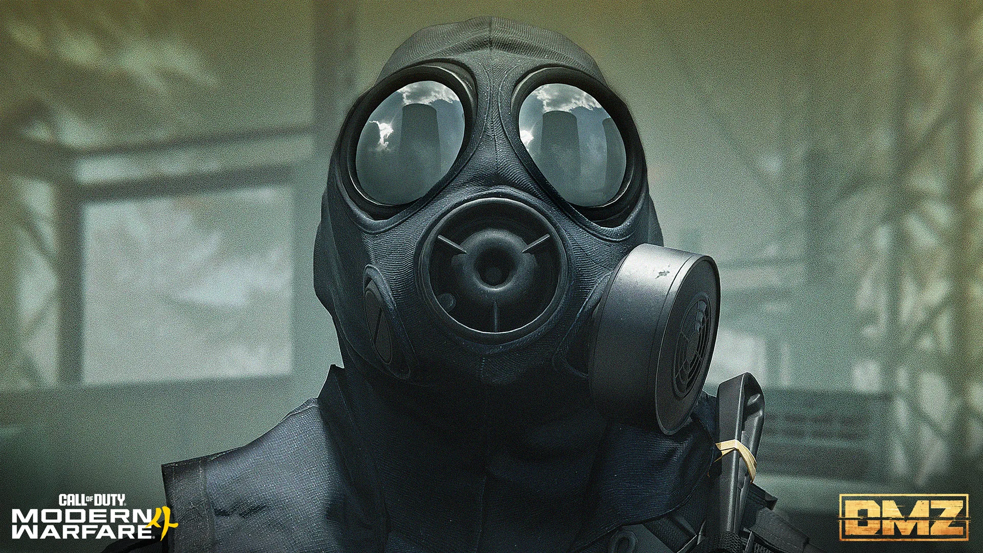 Close-up of a figure wearing a black gas mask with reflective lenses in a hazy interior.
