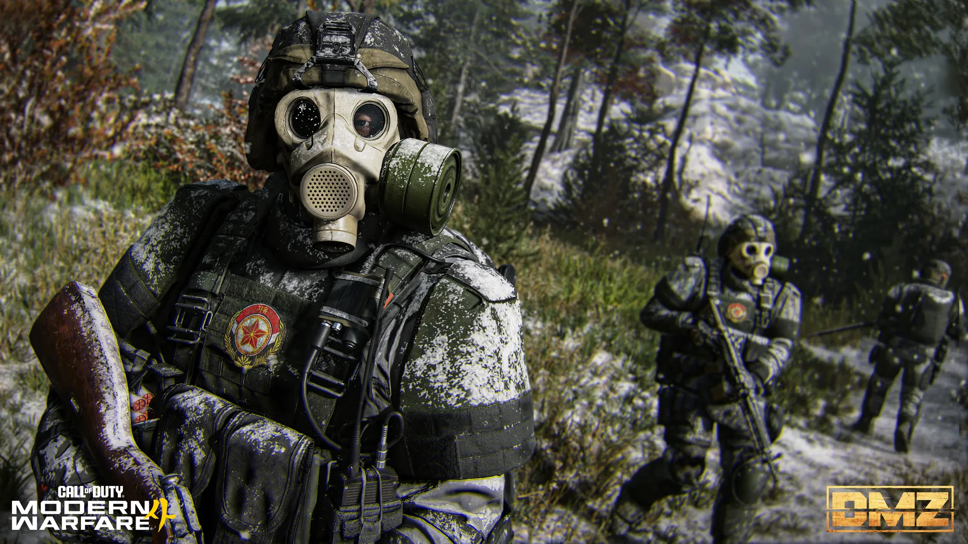 Snow-covered soldiers in gas masks move through a forested winter landscape.
