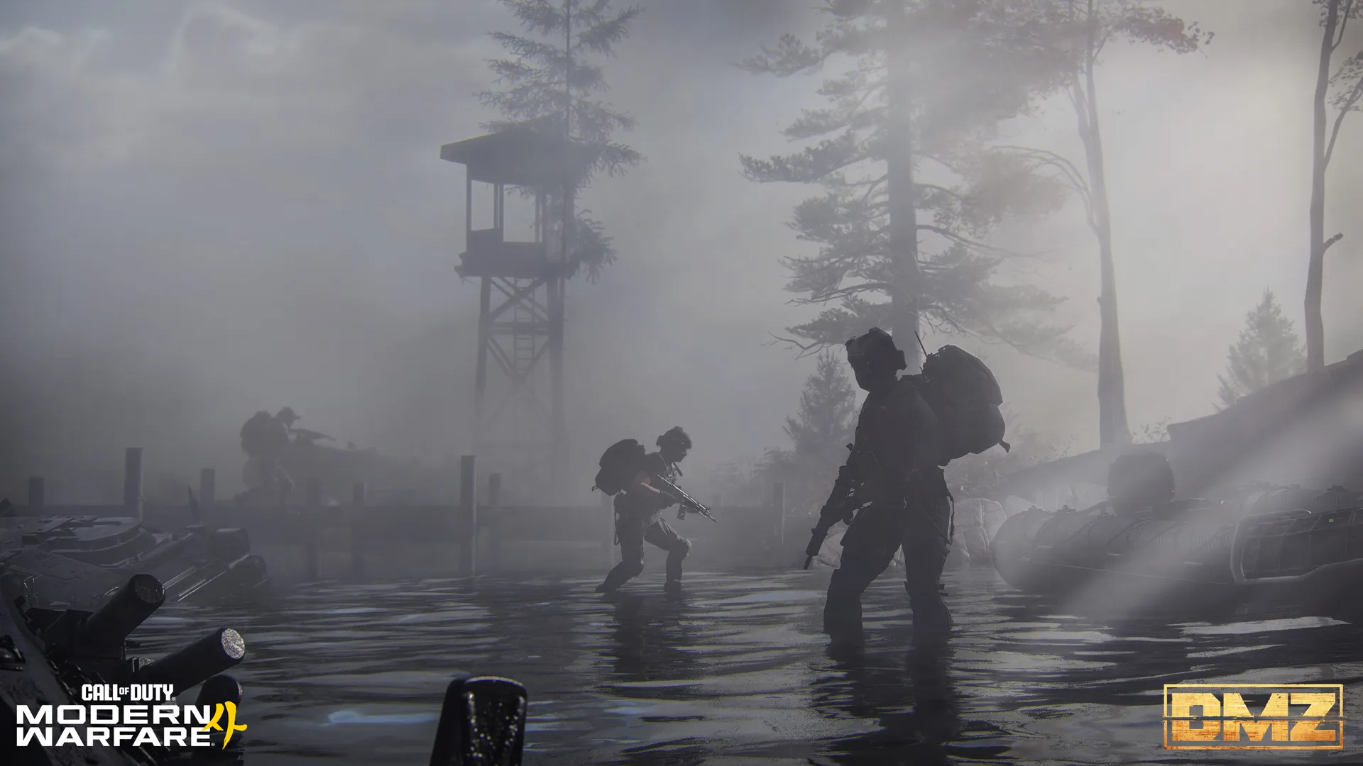 Armed soldiers wade through shallow floodwater near a watchtower in fog.