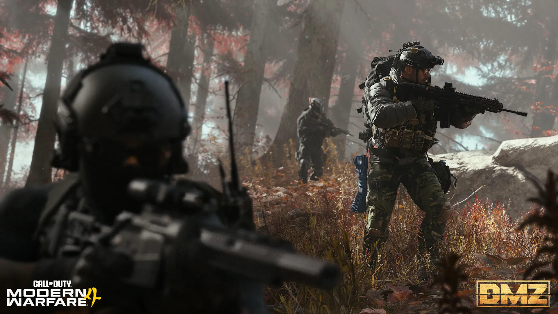 actical team advances cautiously through an autumnal forest with rifles raised.