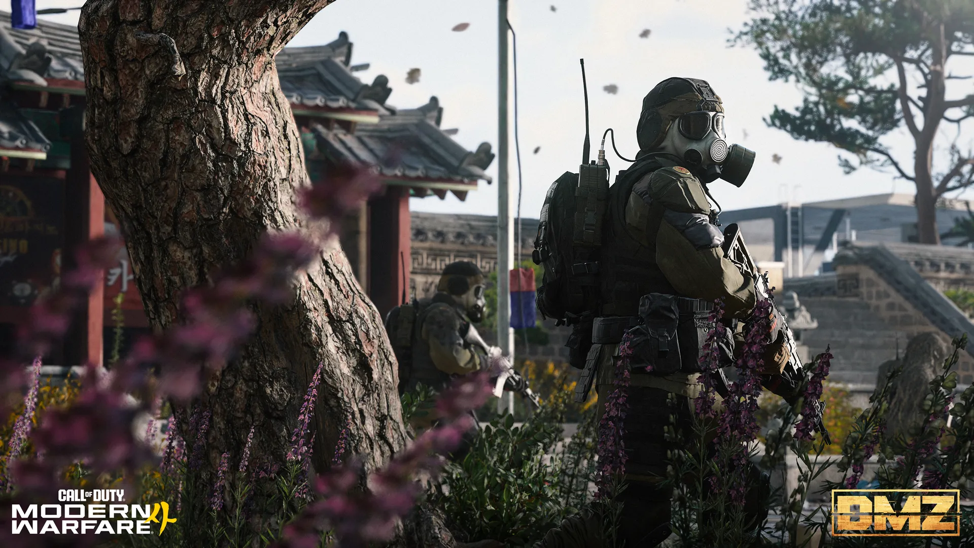 Gas-masked soldiers patrol a garden area with flowers and traditional East Asian architecture.