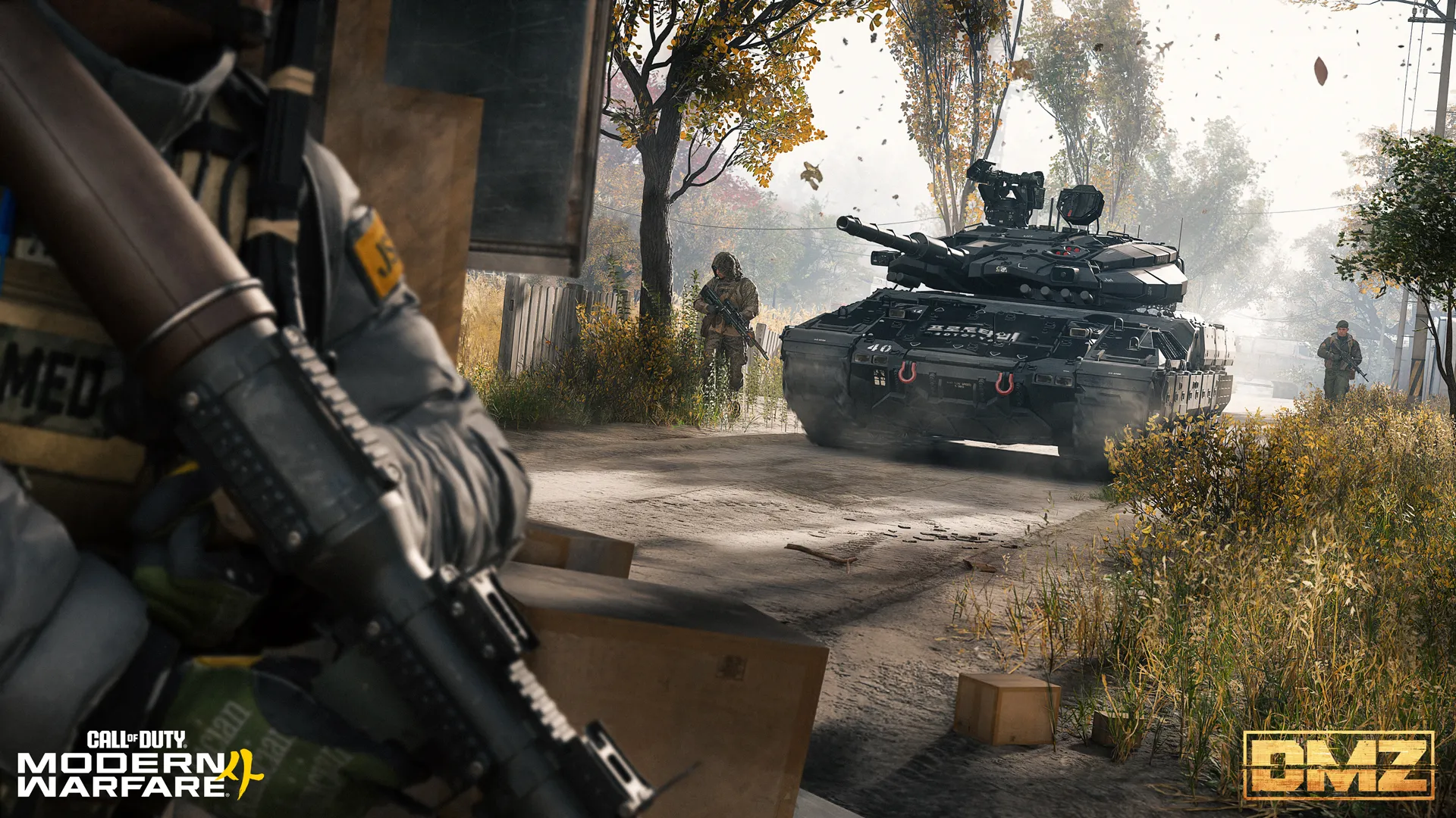 Modern tank rolls down a rural road while infantry provide support nearby.