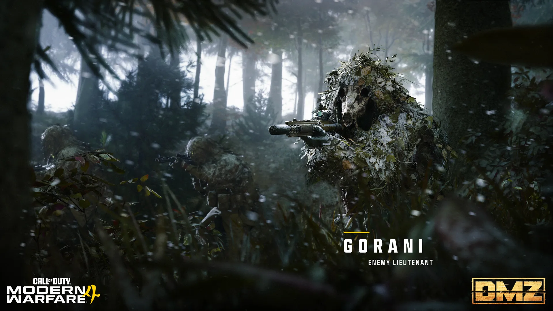 Camouflaged sniper in a ghillie suit aims from dense woodland under falling snow.