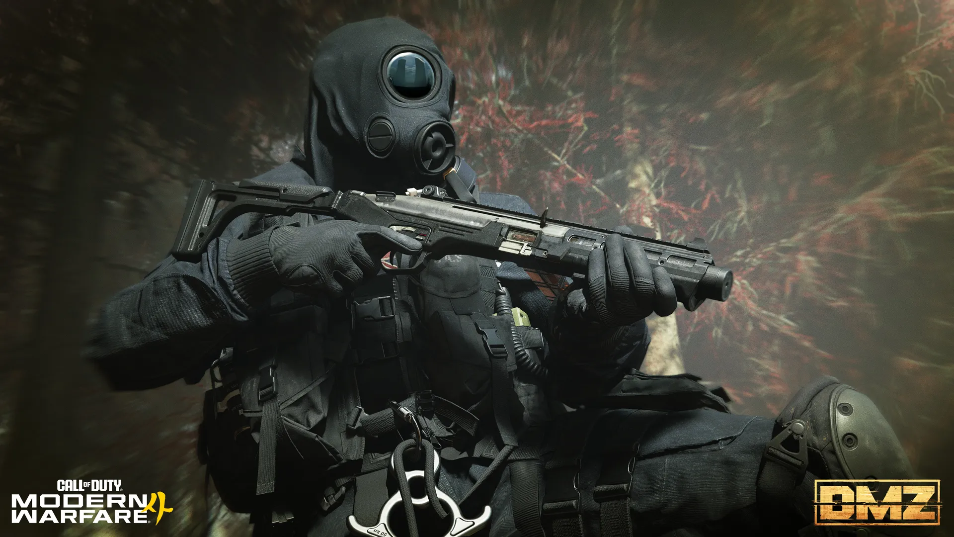 Black-clad operator in a gas mask holds a compact firearm against a forest backdrop.