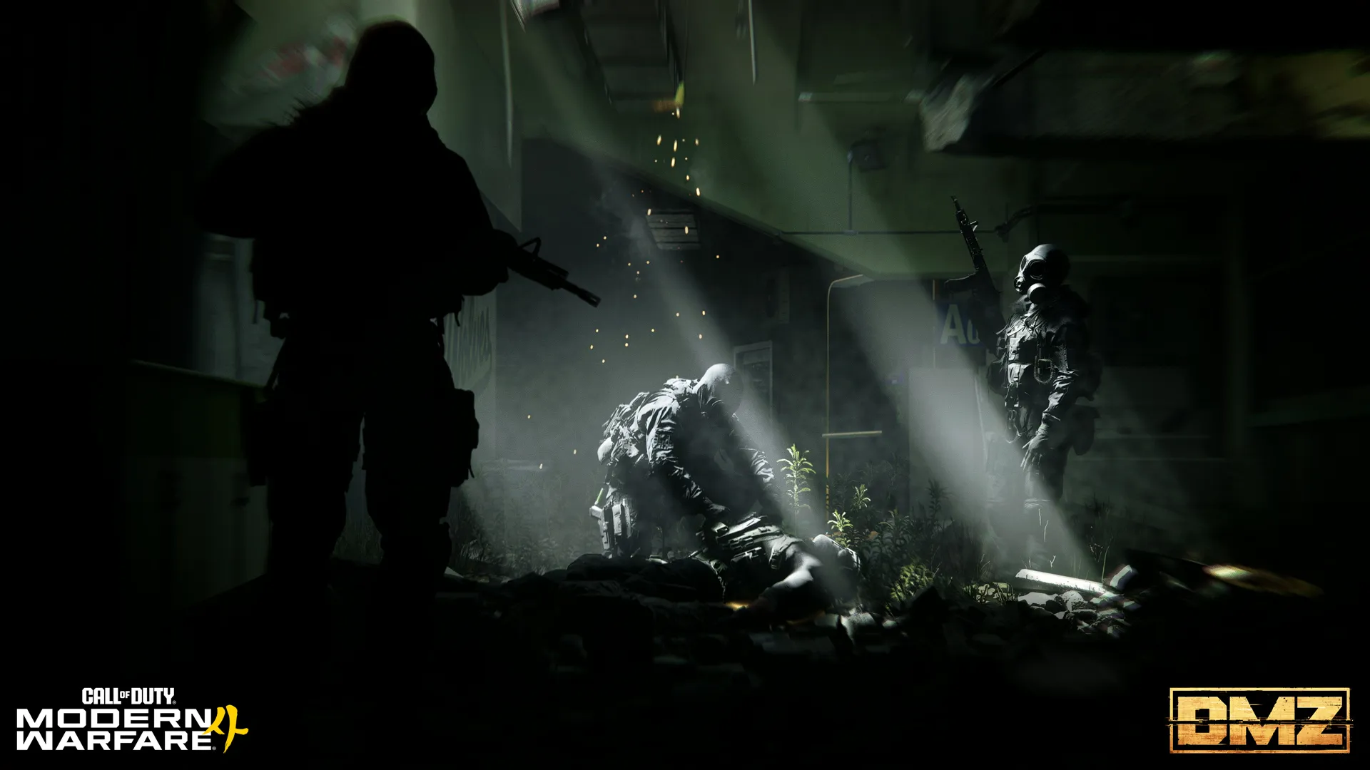 Operators examine a fallen figure in a dark, ruined interior lit by dramatic beams of light.