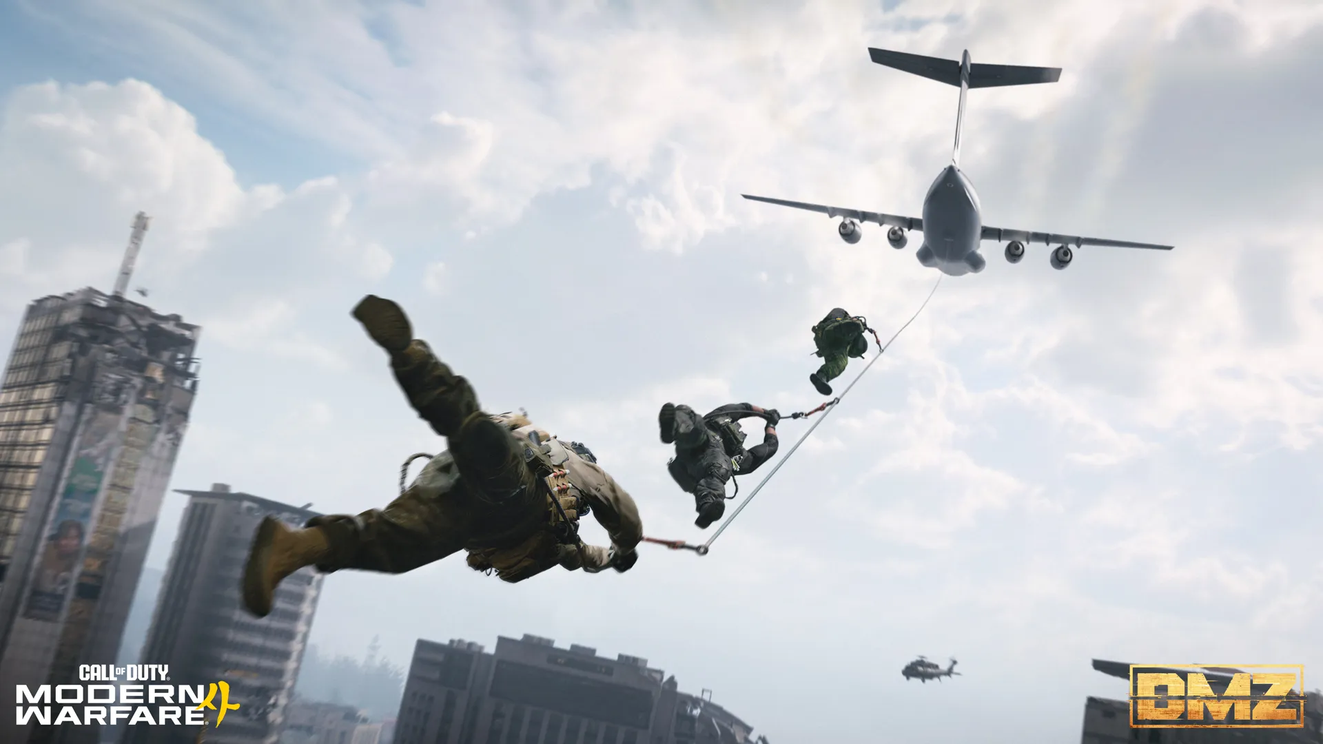 Soldiers access a sky-hook from a large aircraft over a city while helicopters fly nearby.