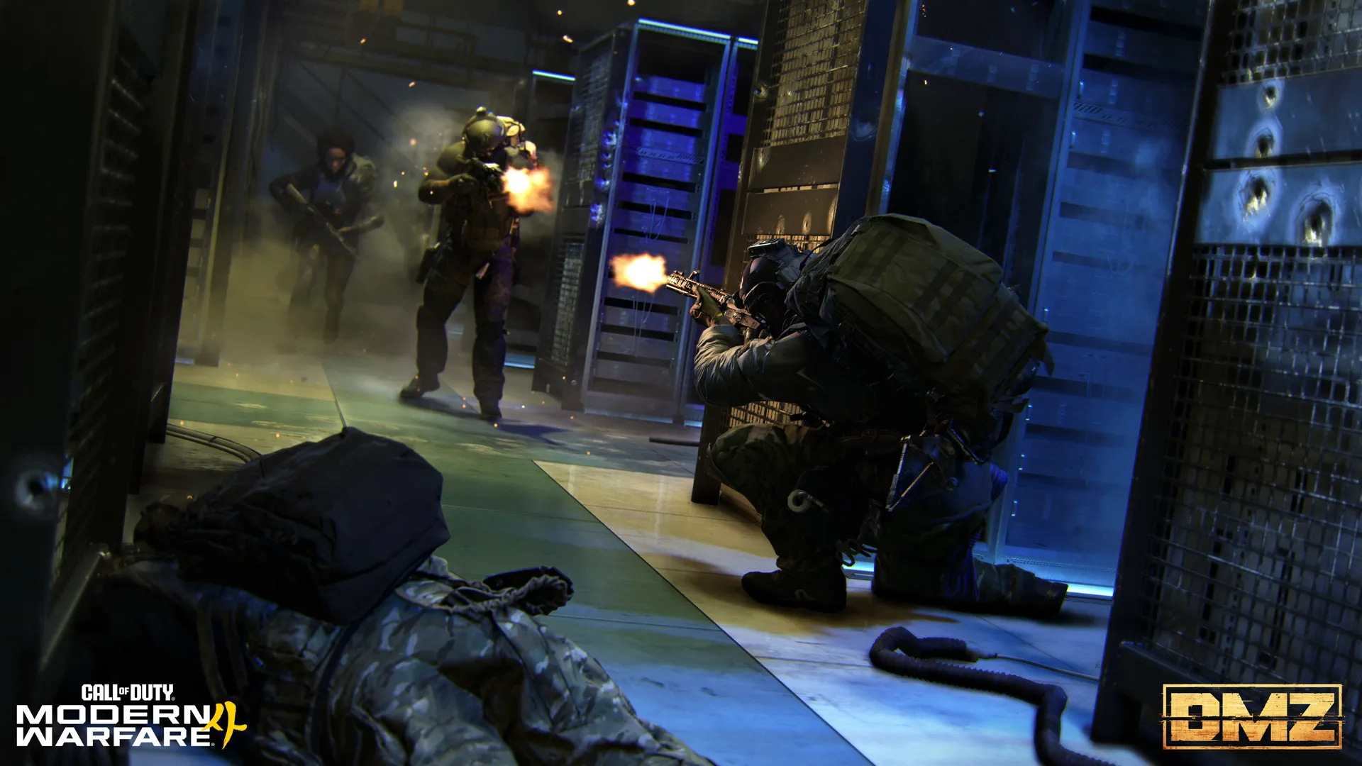 Firefight inside a server room as Operators exchange gunfire between equipment racks.