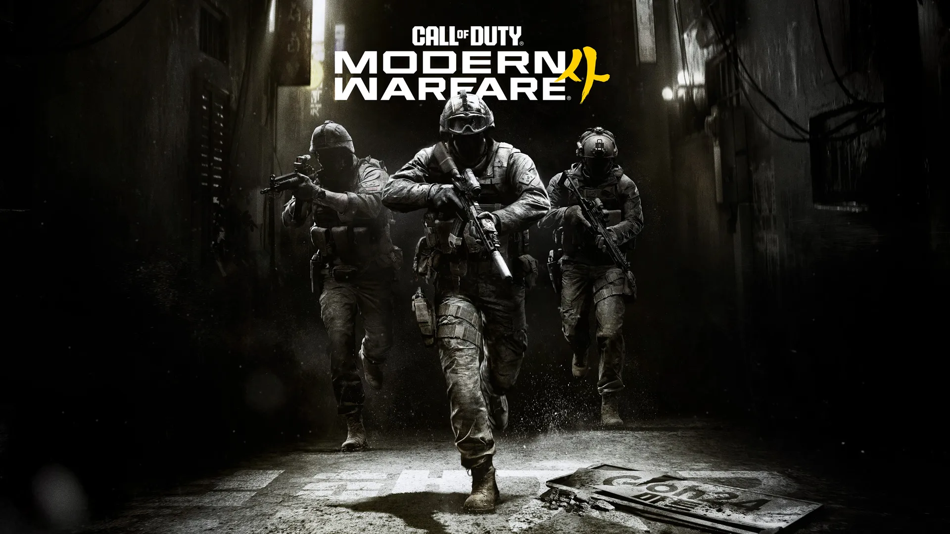 Main game artwork showing three armed soldiers running through a dark alley beneath the “Call of Duty: Modern Warfare” logo.