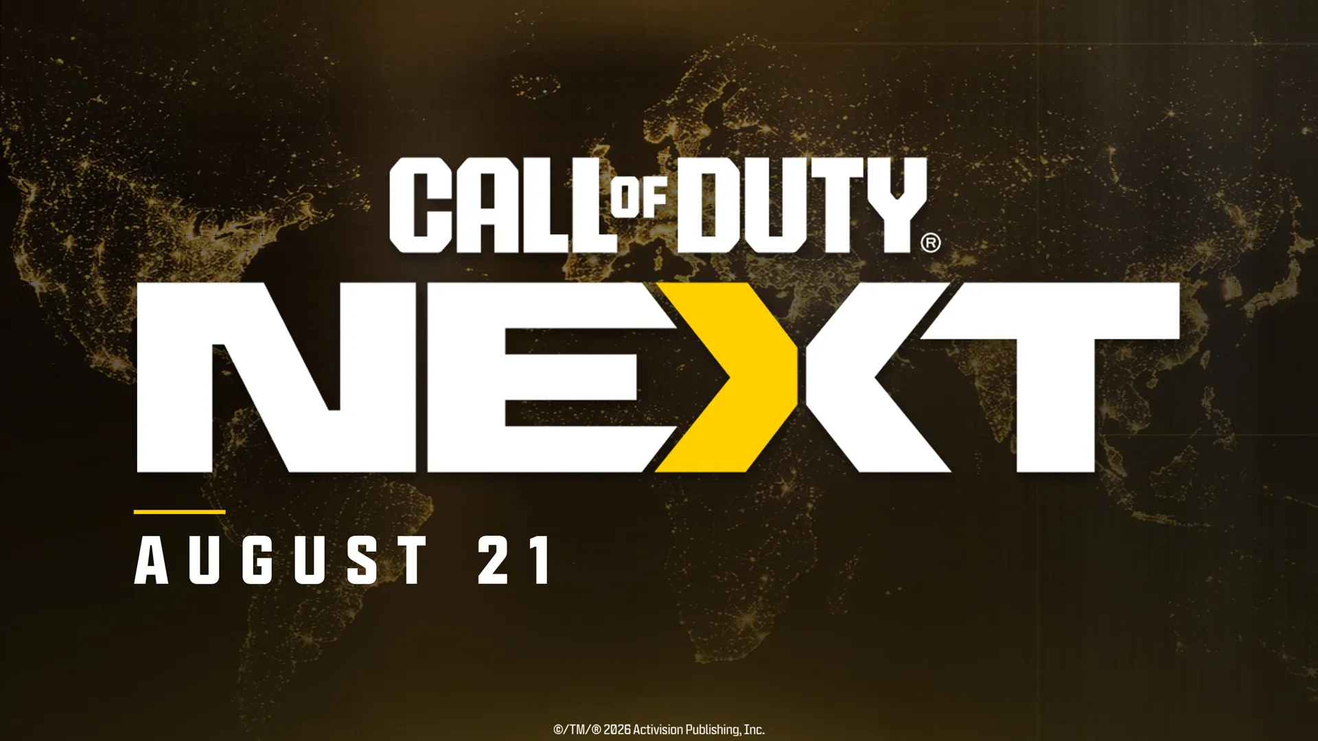 Graphic announcing Call of Duty NEXT on August 21 over a dark world map background.