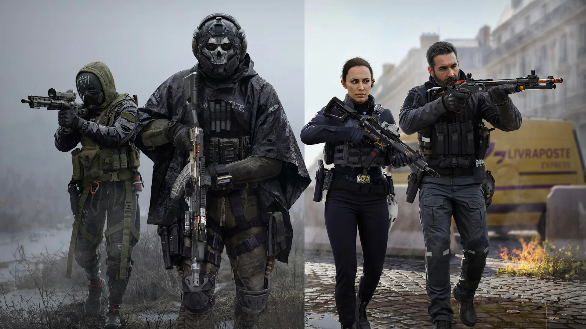 Ghost and another operator walk through fog beside two tactical officers advancing down a city street.