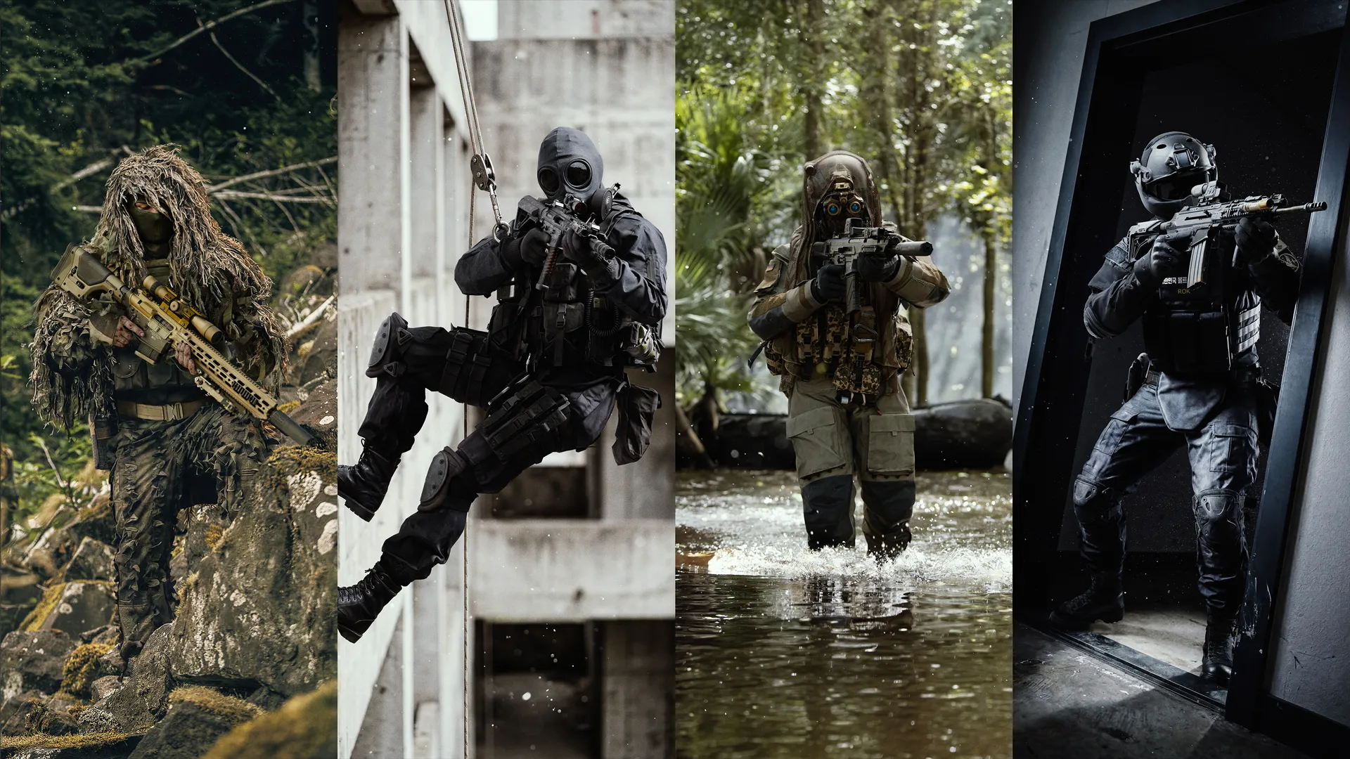 Four operators in forest, urban, jungle, and indoor environments.