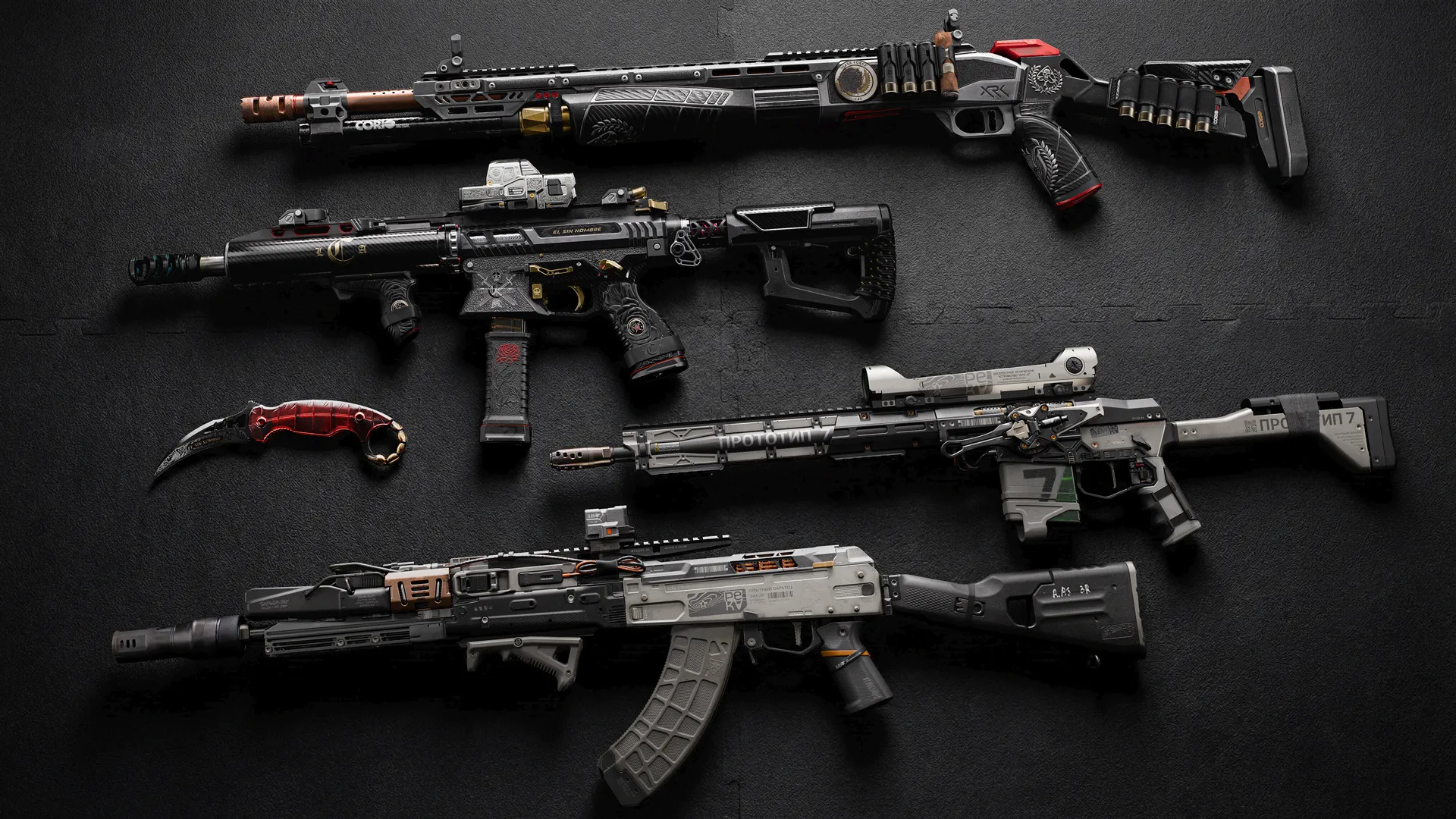 Four weapon blueprints and a curved knife are displayed on a dark background.
