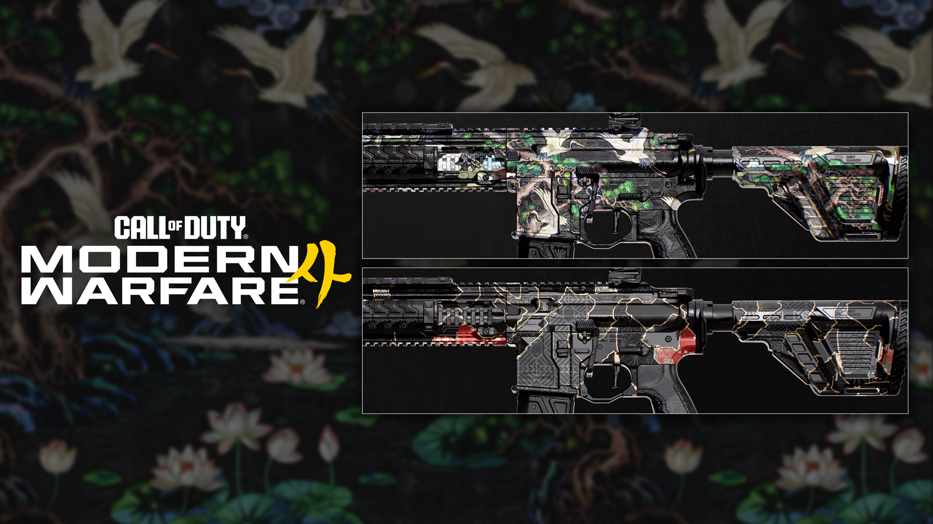 Two assault rifles with contrasting decorative camouflage patterns are displayed beside the Modern Warfare 4 logo.