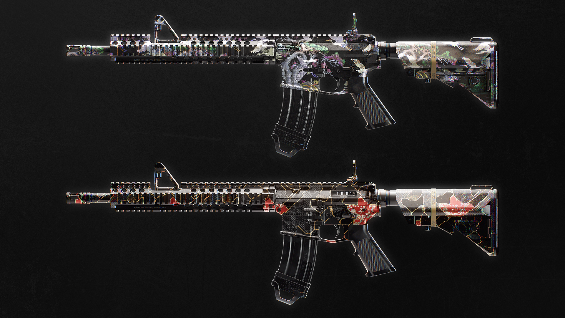 A close-up of two assault rifles highlights contrasting decorative camouflage finishes on a black background.