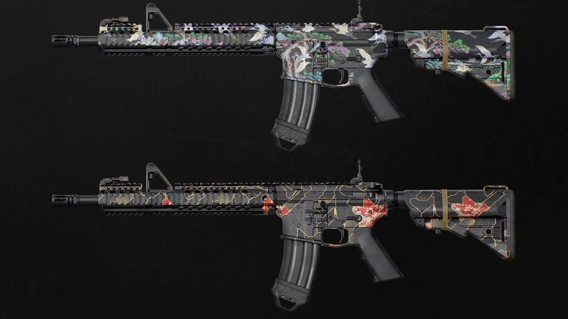 A close-up of two assault rifles highlights contrasting decorative camouflage finishes on a black background.