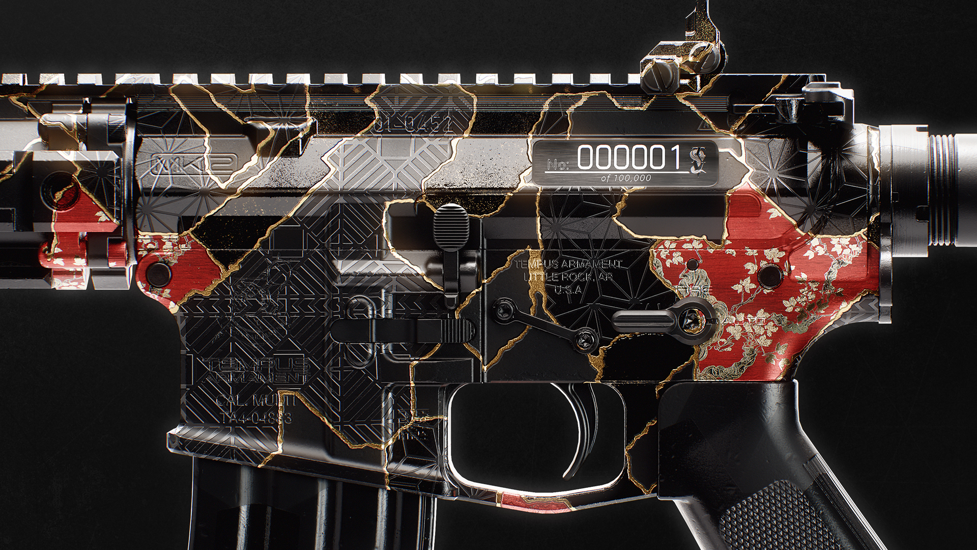 Close-up of a rifle receiver featuring a black-and-red cracked finish with gold accent lines.