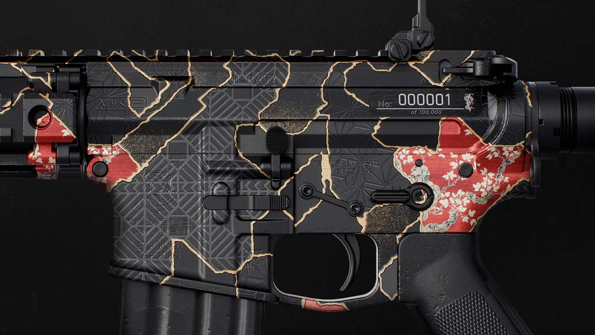 Close-up of a rifle receiver featuring a black-and-red cracked finish with gold accent lines.