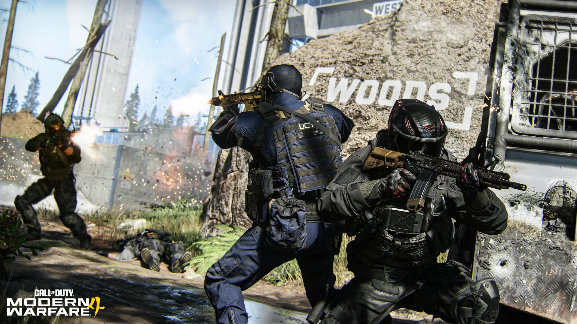 Operators exchange gunfire around cover beside a damaged building