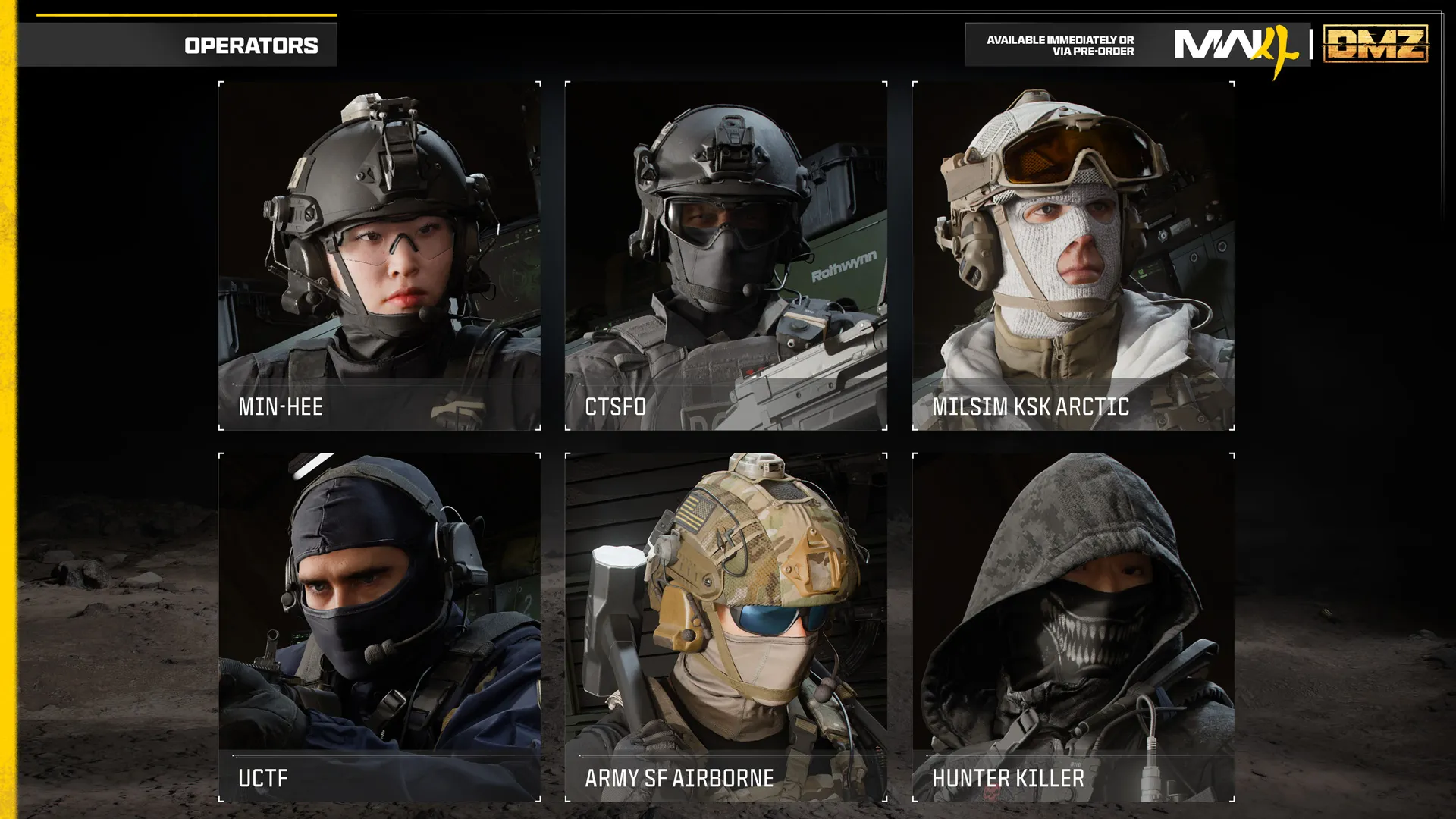 Operator selection chart featuring Min-Hee, CTSFO, Milsim KSK Arctic, UCTF, Army SF Airborne, and Hunter Killer.