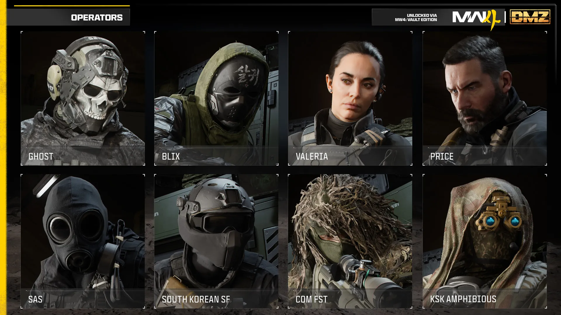 Vault Edition Operator chart featuring Ghost, Blix, Valeria, Price, SAS, South Korean SF, COM FST, and KSK Amphibious.