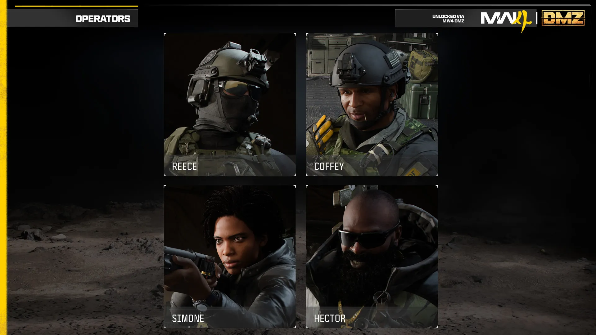 Operator selection chart featuring Reece, Coffey, Simone, and Hector, unlocked through Modern Warfare 4 DMZ.