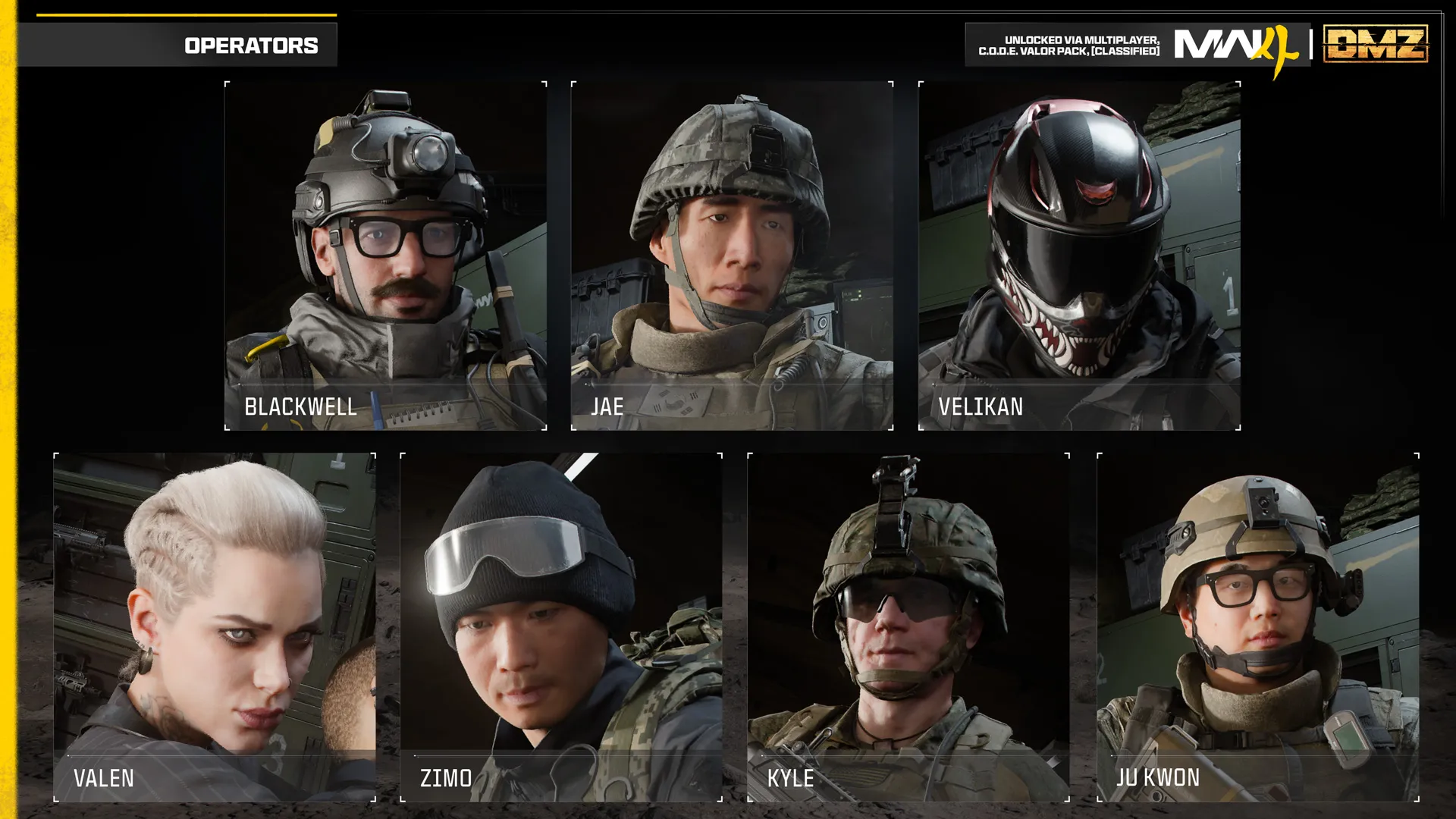 Operator selection chart featuring Blackwell, Jae, Velikan, Valen, Zimo, Kyle, and Ju Kwon.