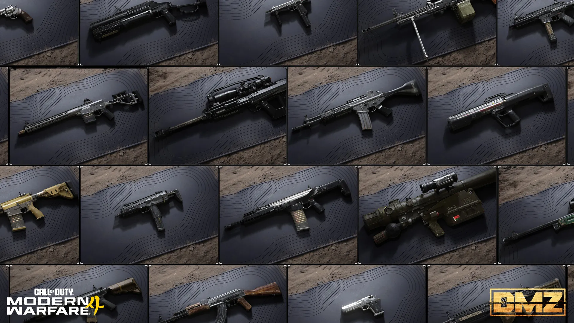 Collage of Modern Warfare 4 firearms, including assault rifles, sniper rifles, pistols, and light machine guns.