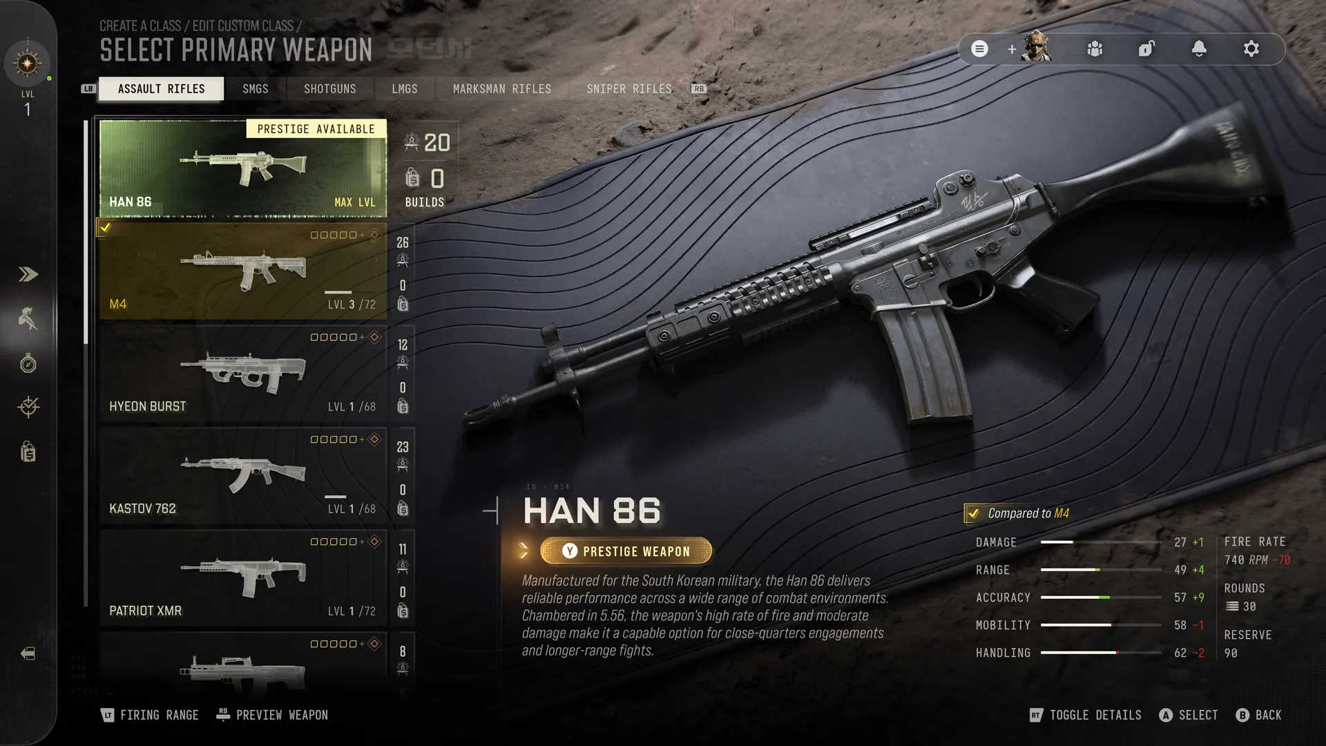 Primary weapon selection screen highlighting the Han 86 assault rifle, with progression, statistics, and prestige availability.