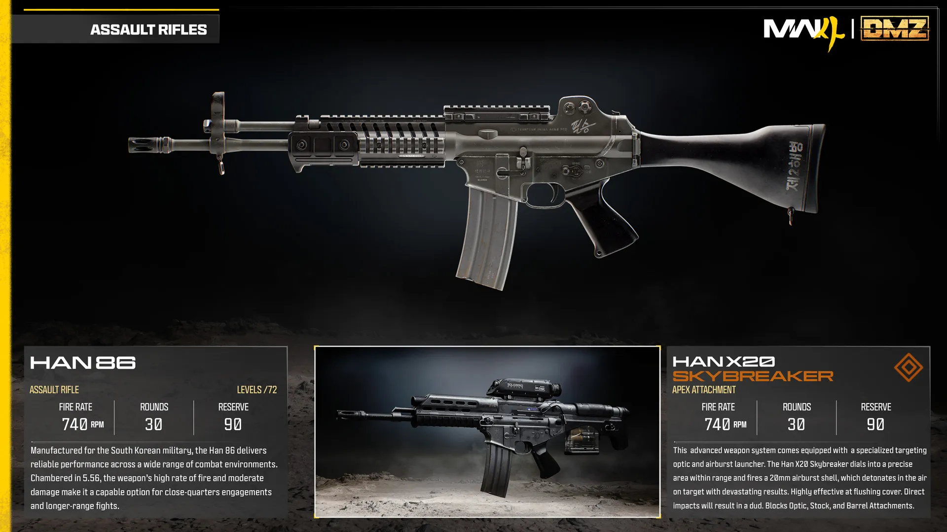 Han 86 assault rifle and Skybreaker Apex attachment comparison, featuring a targeting optic and airburst grenade launcher.