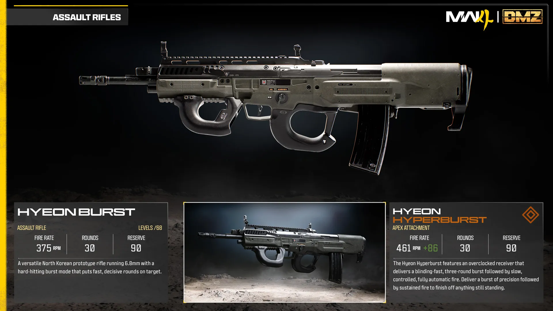 Hyeon Burst assault rifle and Hyperburst Apex attachment comparison, featuring a rapid three-round burst followed by automatic fire.