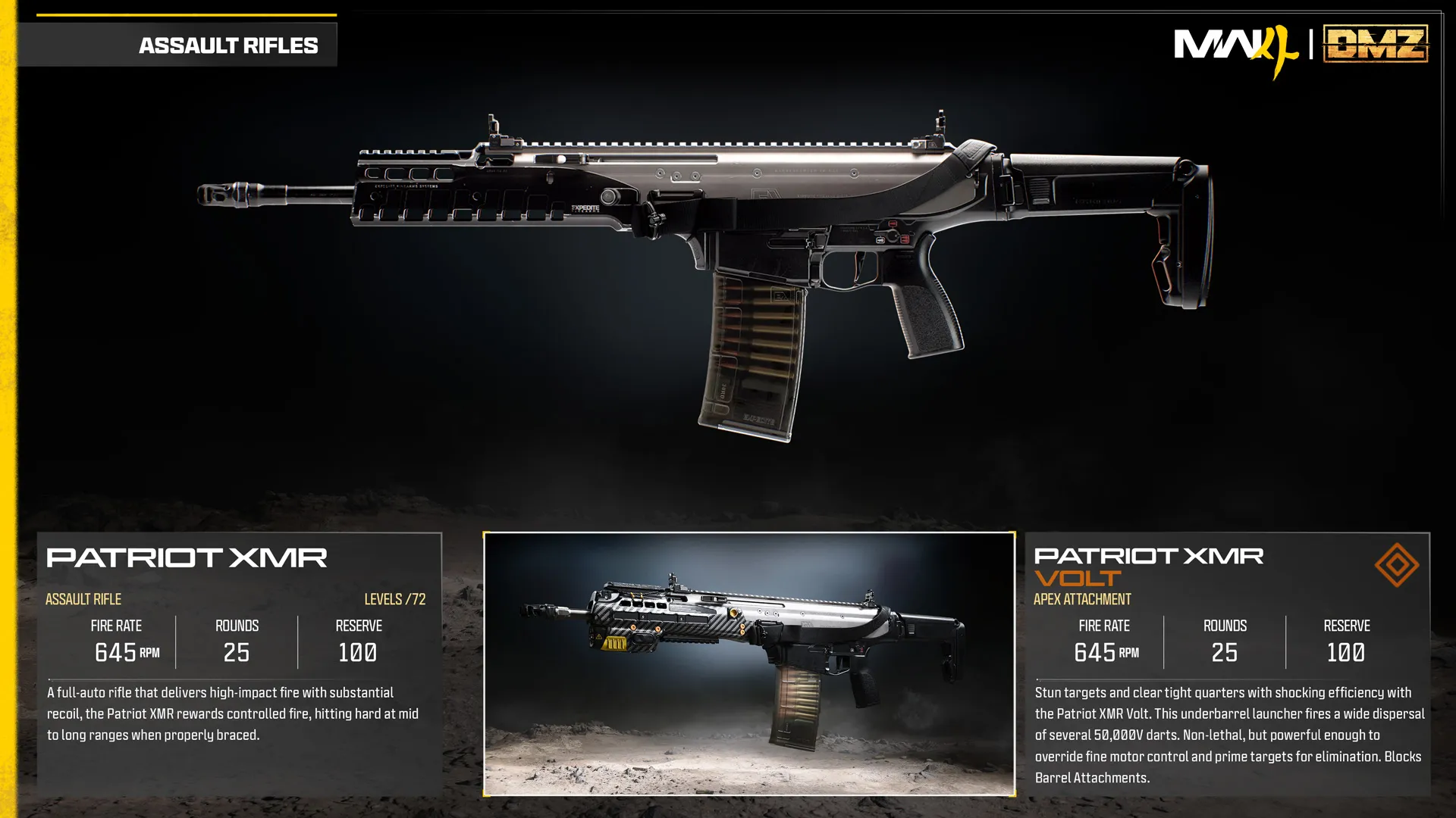 Patriot XMR assault rifle and Volt Apex attachment comparison, featuring an underbarrel electrical stun launcher.