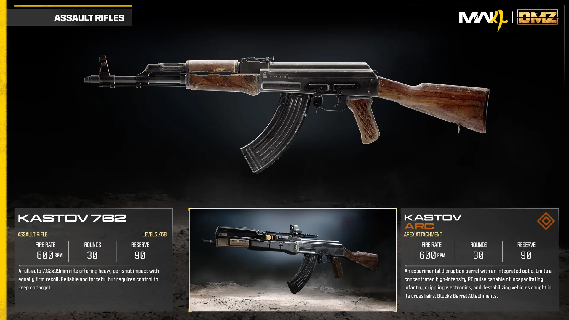 Kastov 762 assault rifle and Arc Apex attachment comparison, featuring a radio-frequency pulse that disrupts enemies and electronics.