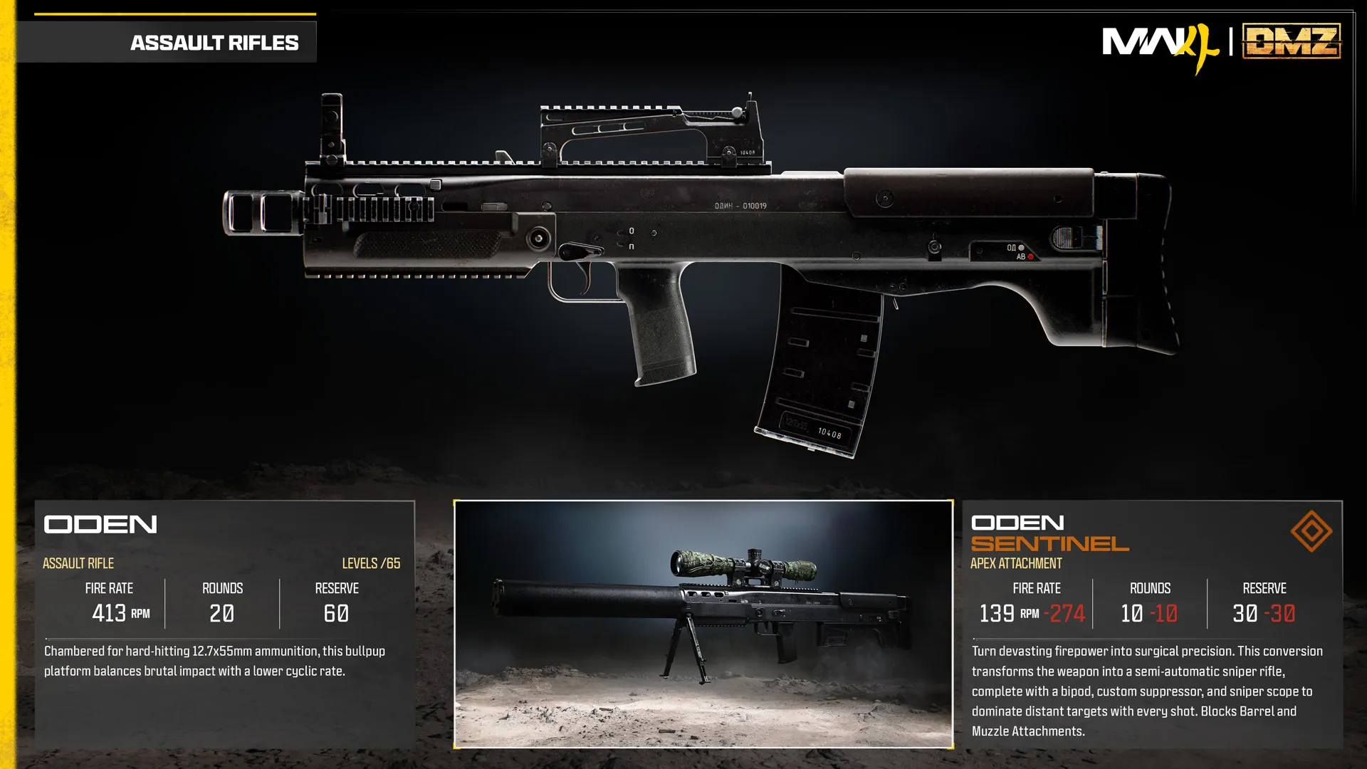 Oden assault rifle and Sentinel Apex attachment comparison, featuring a suppressor, bipod, and sniper scope.