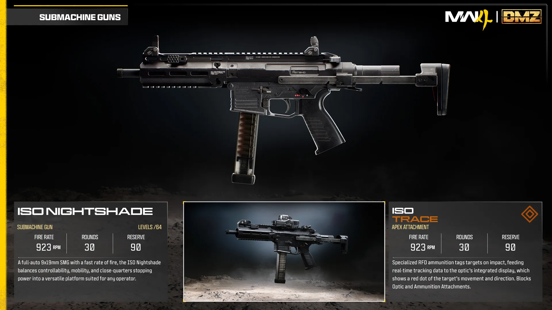 ISO Nightshade submachine gun and Trace Apex attachment comparison, featuring ammunition that tracks enemy movement.