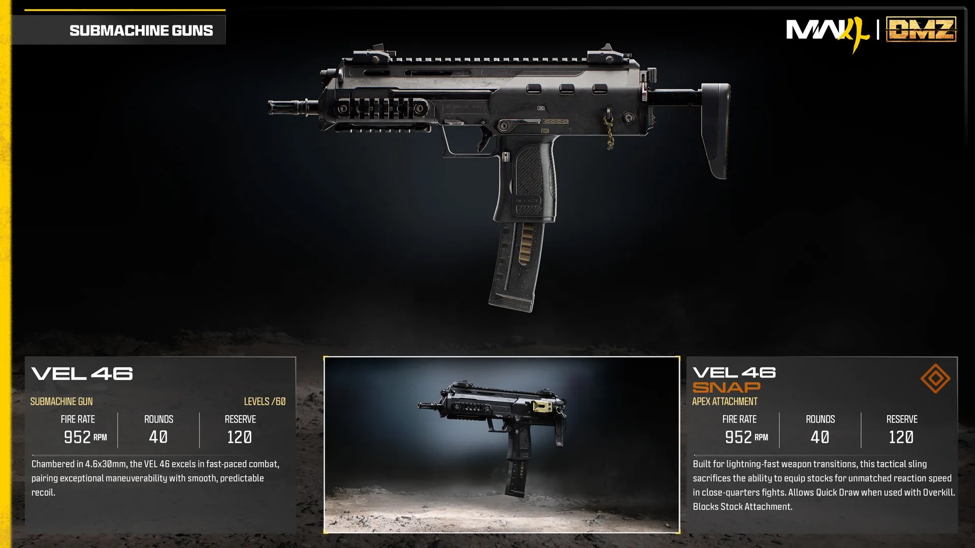 VEL 46 submachine gun and Snap Apex attachment comparison, featuring a tactical sling for faster weapon switching.