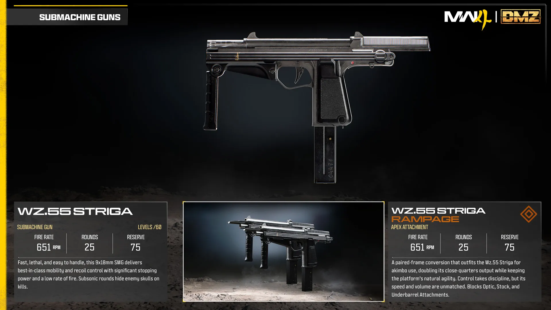 WZ.55 Striga submachine gun and Rampage Apex attachment comparison, featuring a dual-wield conversion.