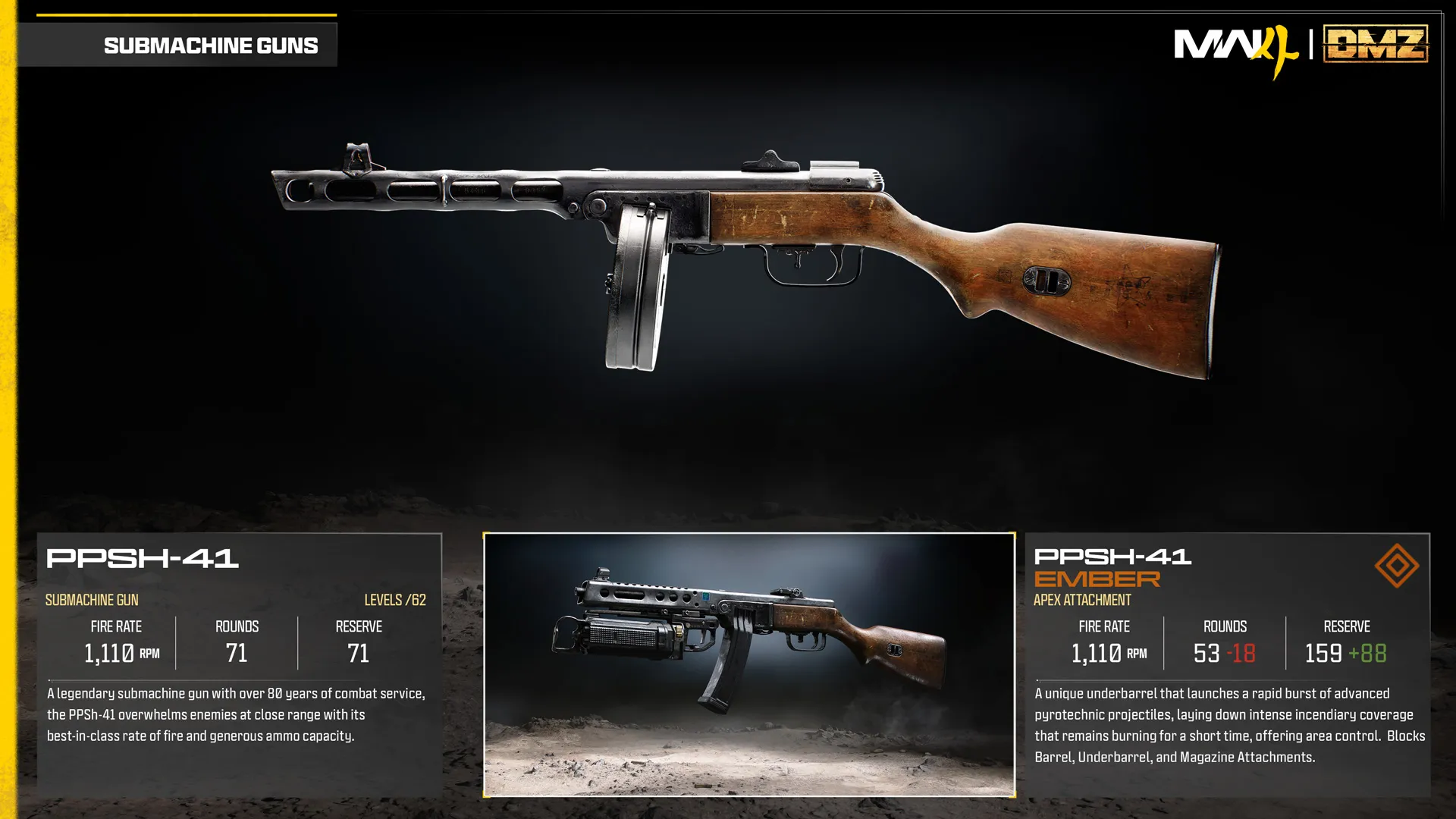 PPSh-41 submachine gun and Ember Apex attachment comparison, featuring an underbarrel incendiary projectile launcher.