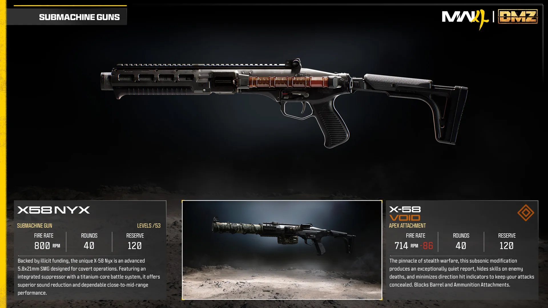 X-58 Nyx submachine gun and Void Apex attachment comparison, highlighting suppressed fire and improved stealth capabilities.