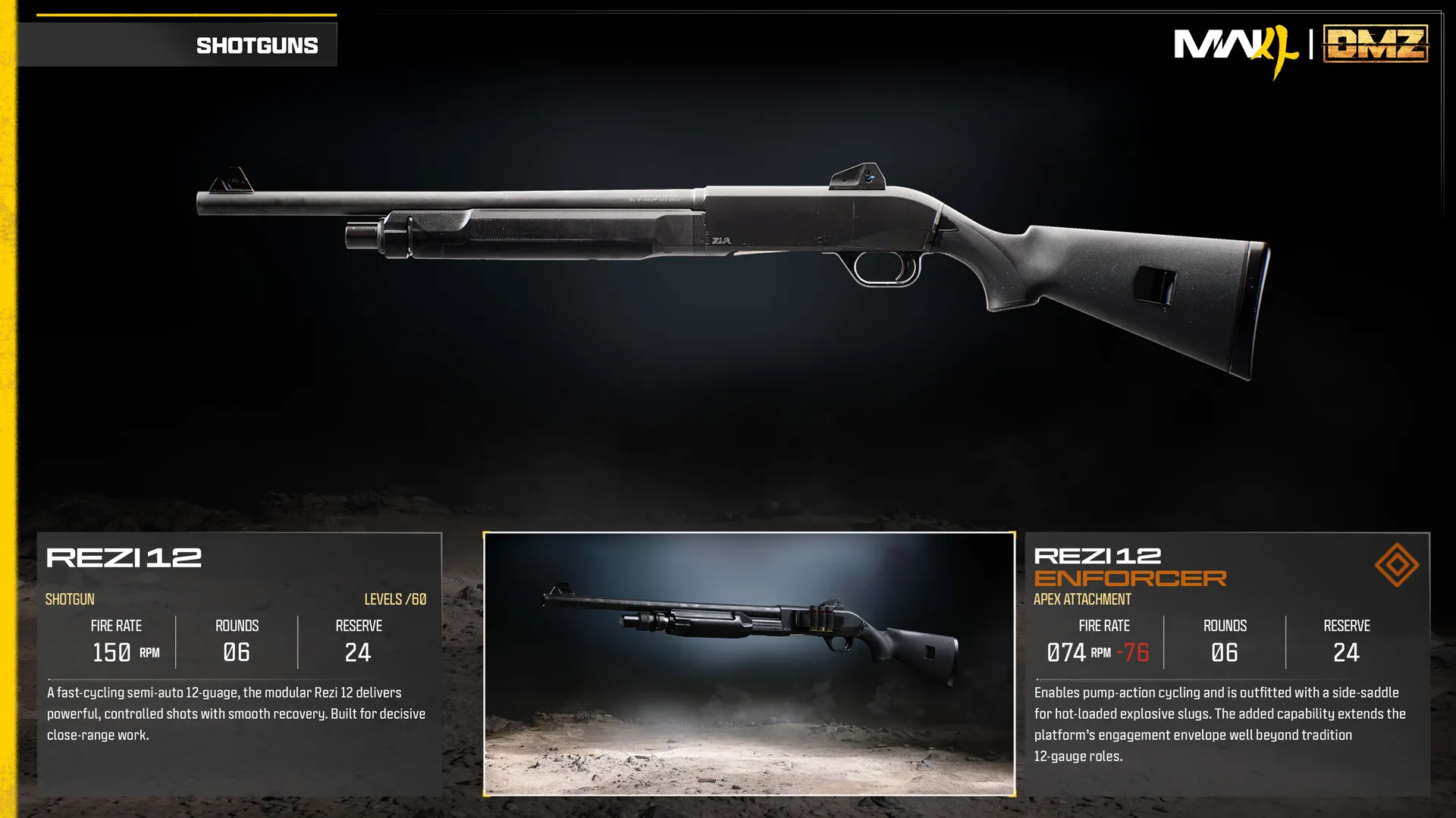 Rezi 12 shotgun and Enforcer Apex attachment comparison, featuring pump-action cycling and explosive shotgun slugs.